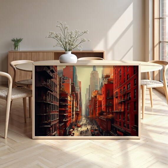 New York Street Empire State Building Red Buildings City Scene Poster