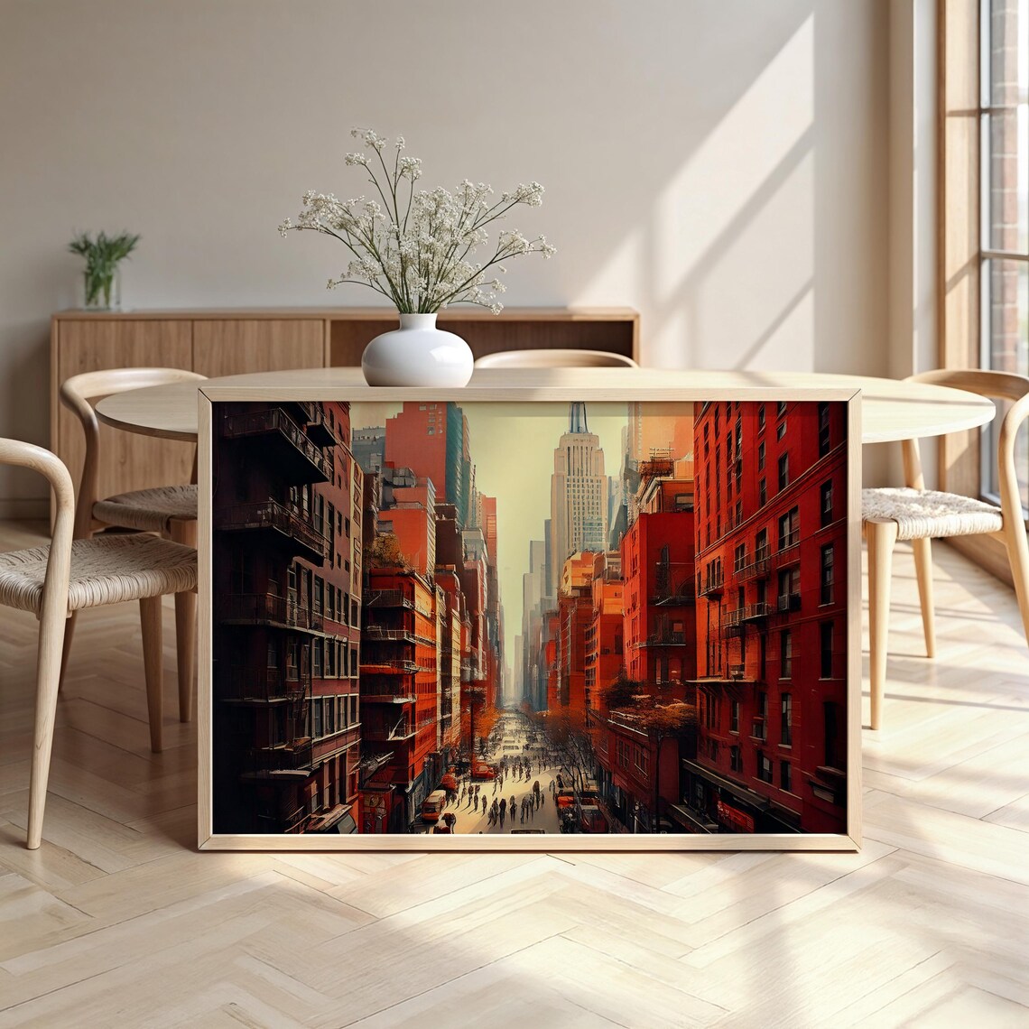 New York Street Empire State Building Red Buildings City Scene Poster