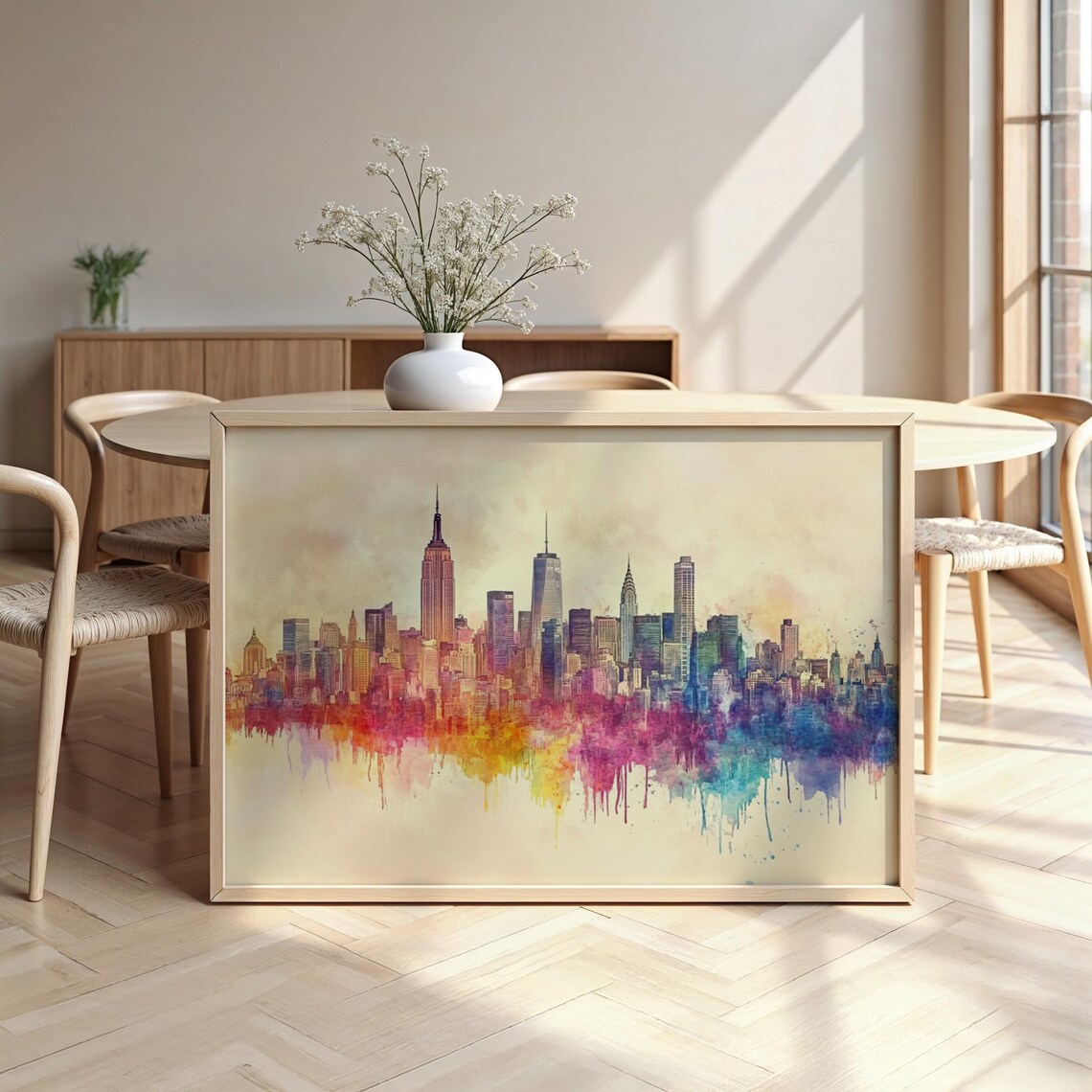New York Watercolour Style Cityscape Matte Paper Wooden Framed Poster