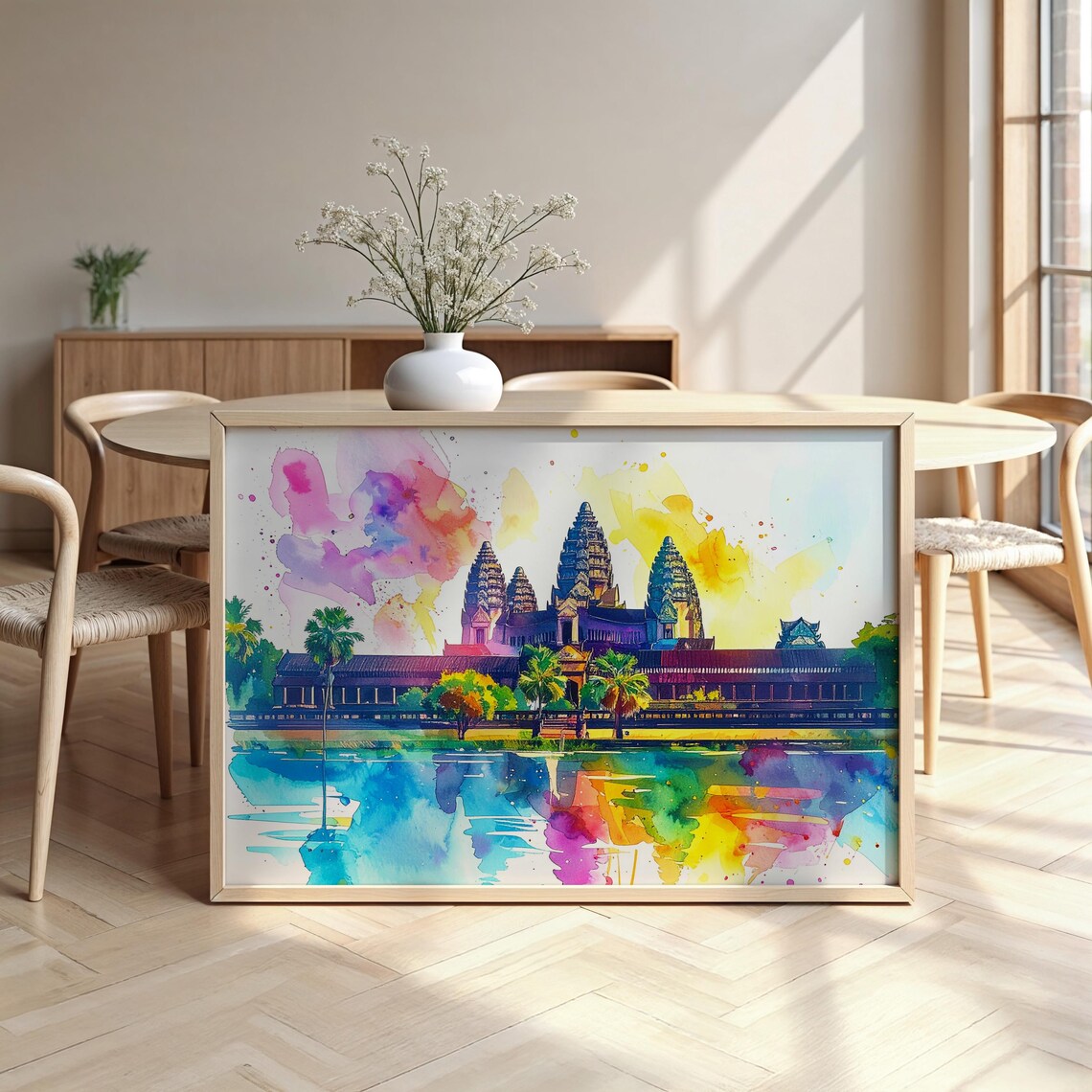 Angkor Wat Watercolor Poster with Colorful Sky and Lake Reflection