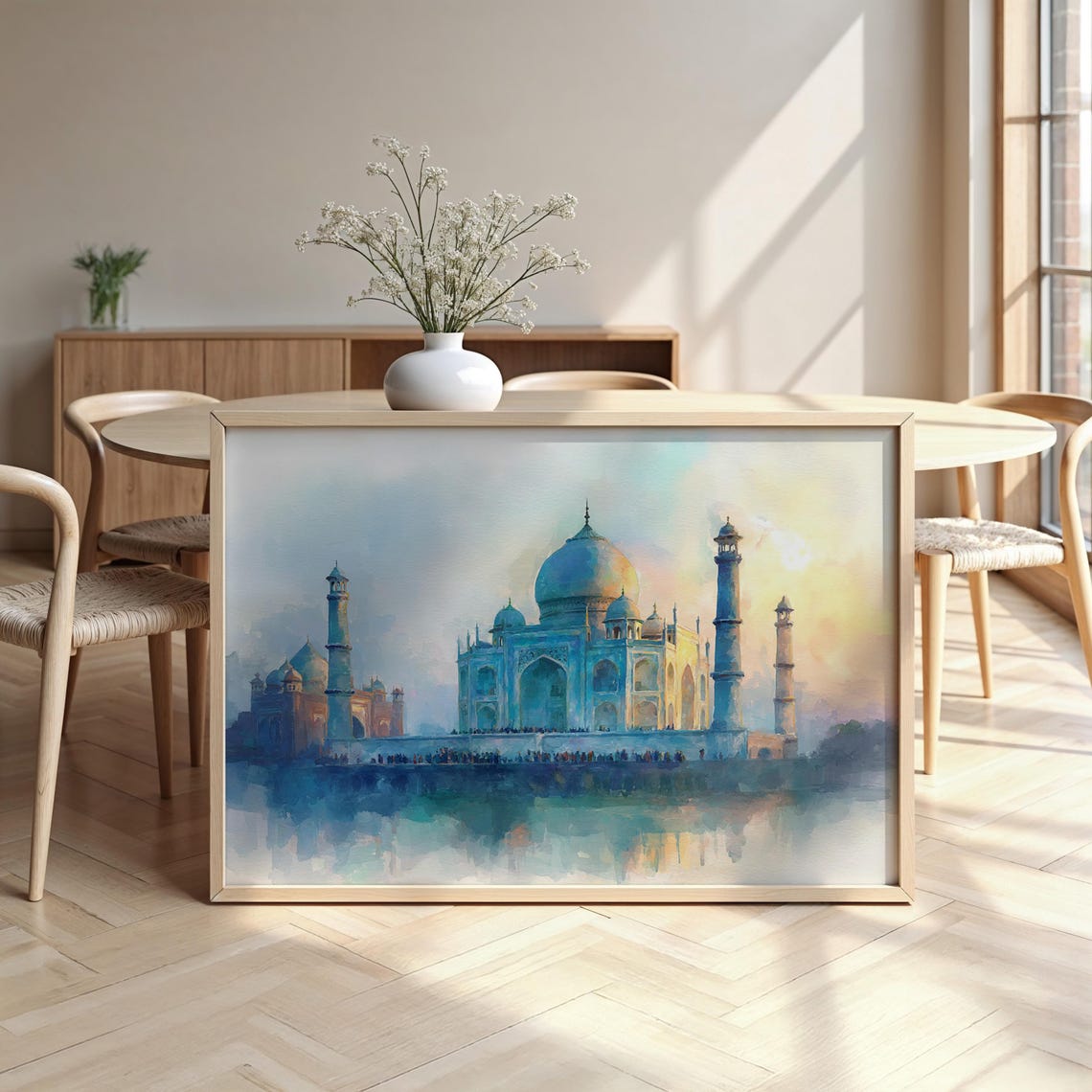 Taj Mahal Watercolor Blue Sunrise Reflection Elegant Landmark Poster