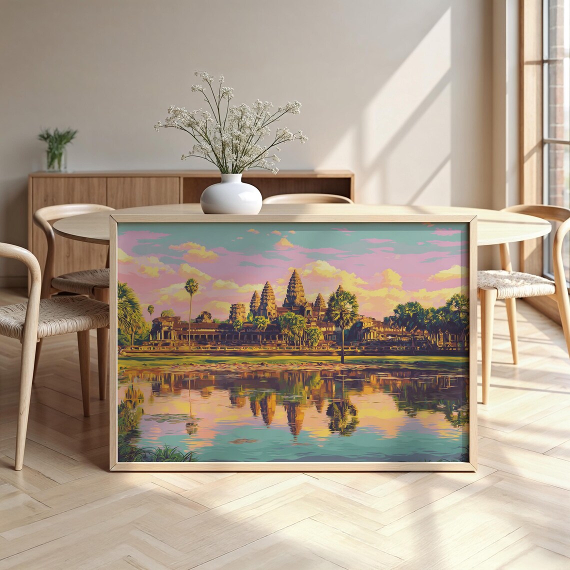 Angkor Wat Cambodia Sunrise Reflection Colorful Temple Sky Pop Art Poster