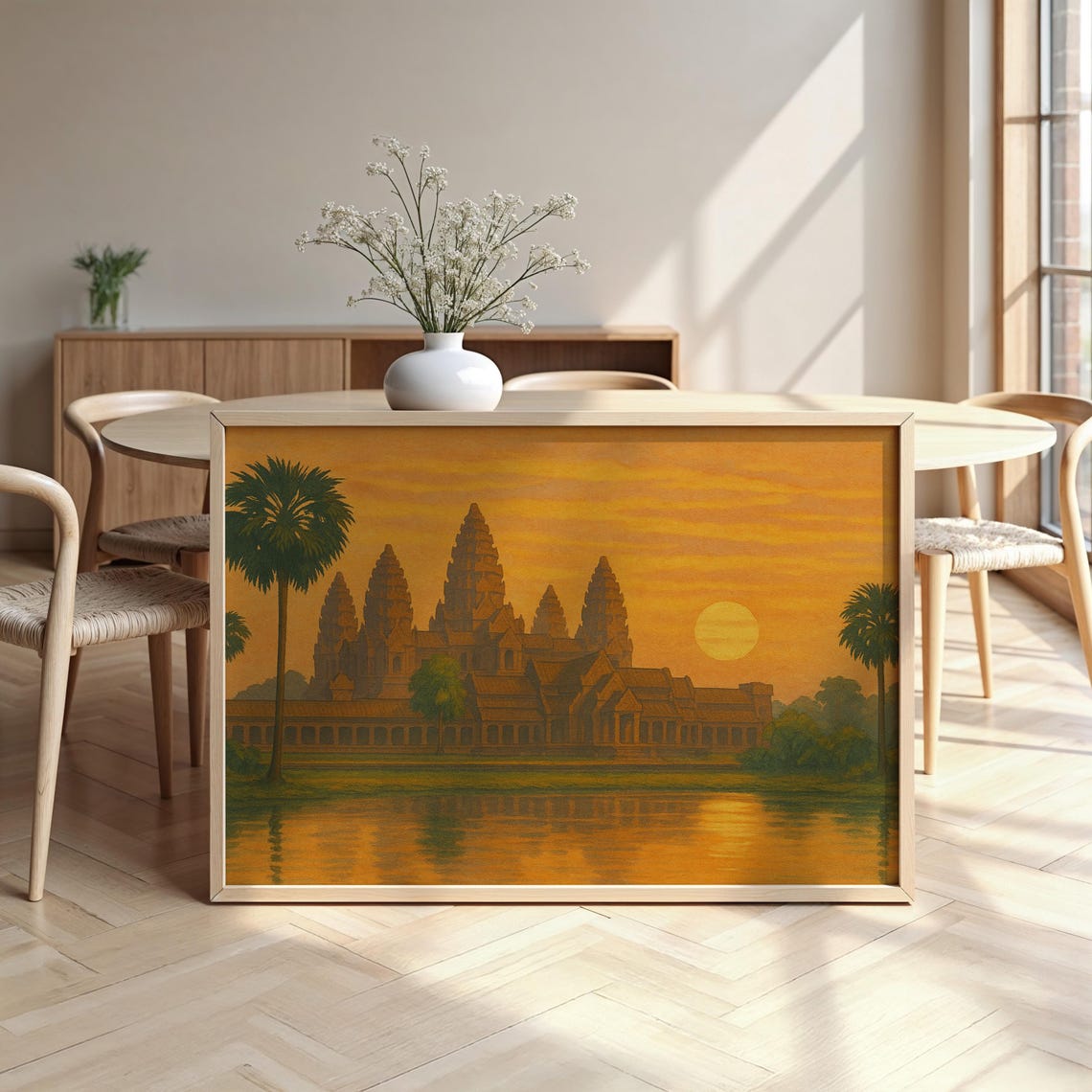 Angkor Wat Cambodia Sunset Temple Reflection Palm Watercolor Poster