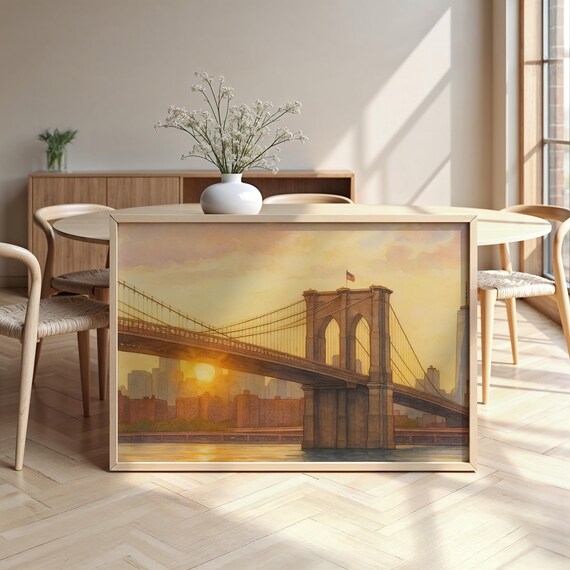 Brooklyn Bridge Watercolour Golden Sunset Manhattan Skyline Poster