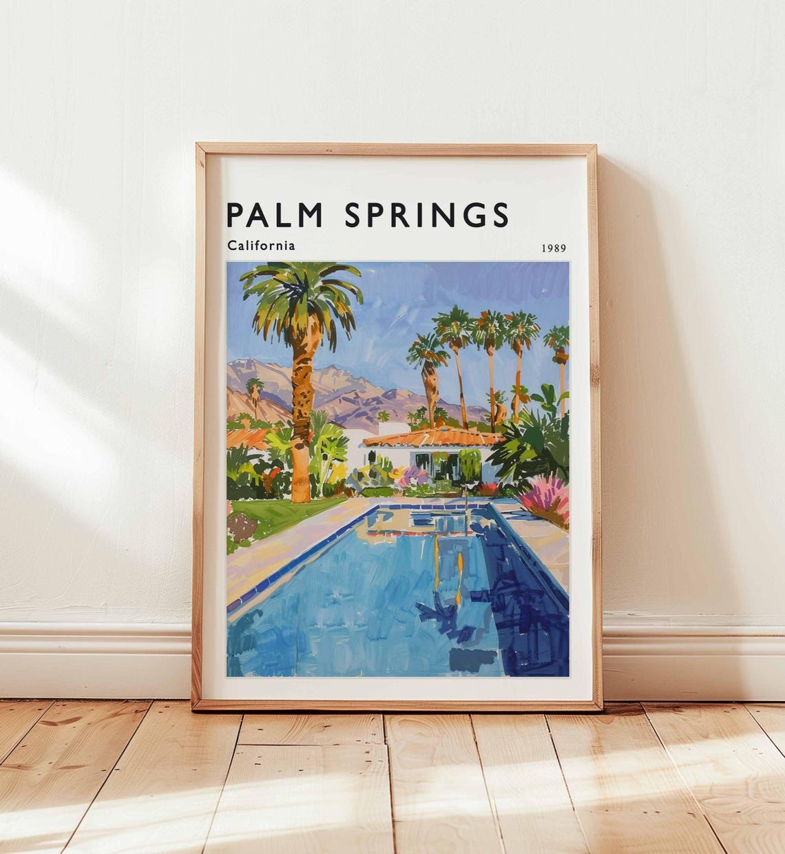 Palm Springs California 1989 Resort Pool Palms Mountain View Poster