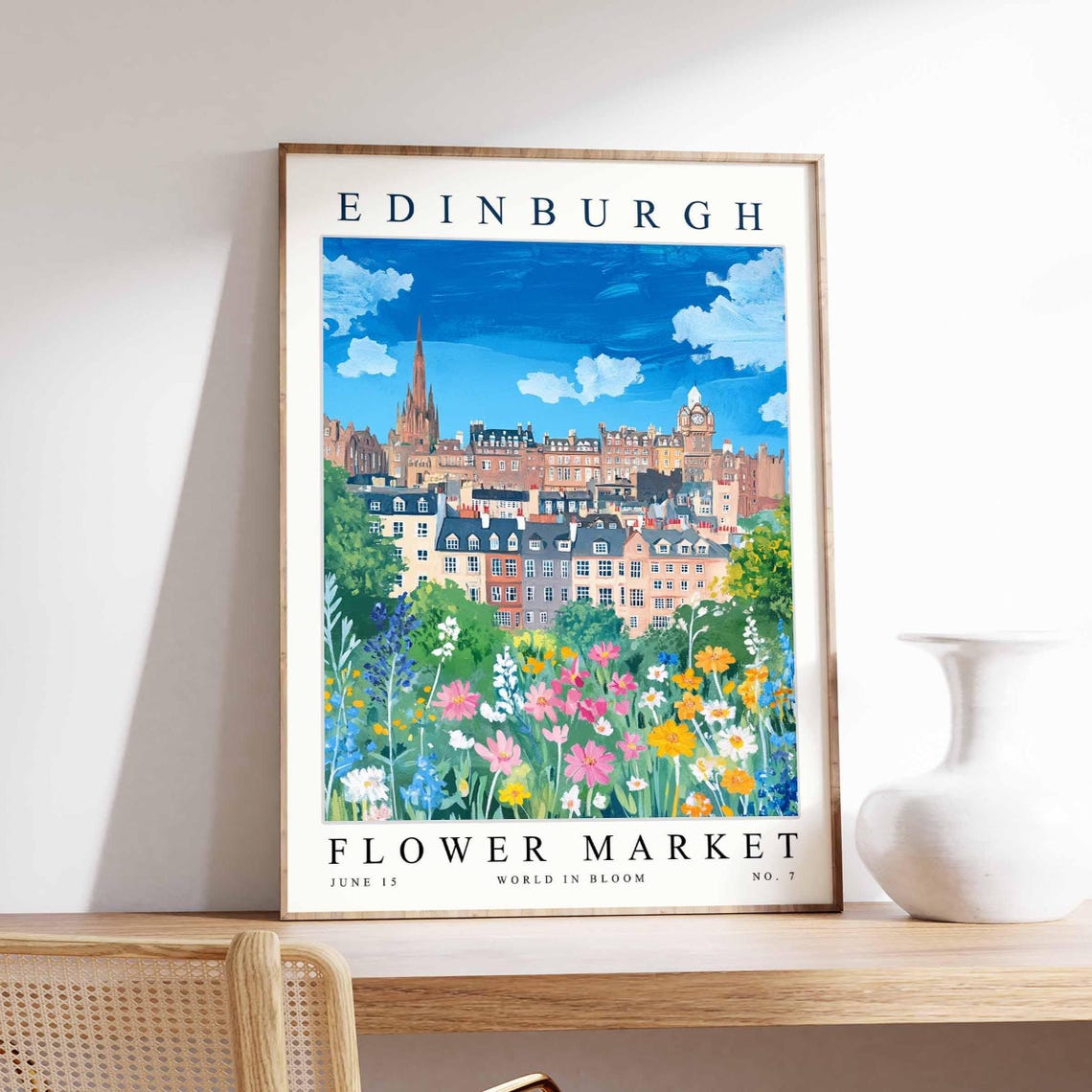 Edinburgh Flower Market Blooming City Spires Blue Sky Poster