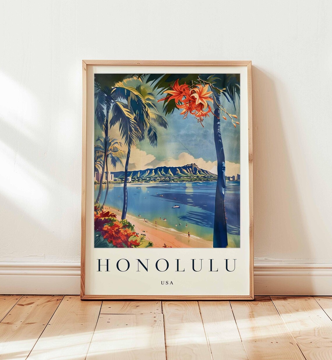 Honolulu Travel Poster, Waikiki Beach Oahu Hawaii