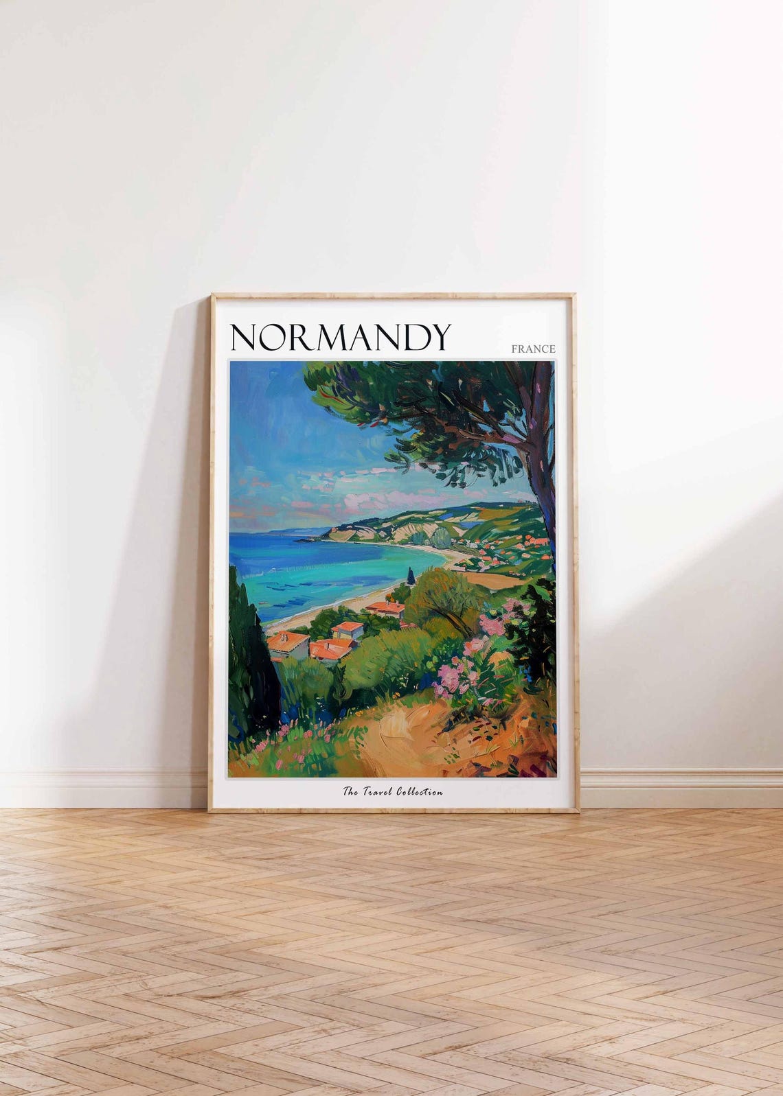 Normandy France Blue Bay Sandy Beach Pine Painting Travel Poster - Image 2