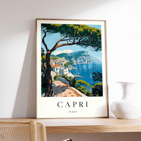 Capri Italy Umbrella Pine Coast Town Blue Bay View Art Poster