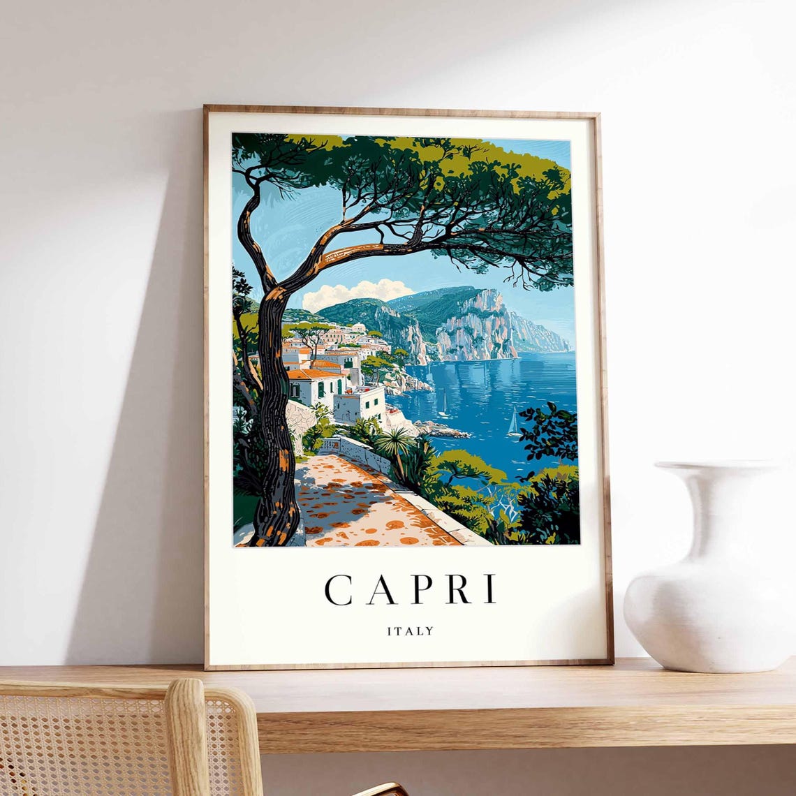 Capri Italy Umbrella Pine Coast Town Blue Bay View Art Poster