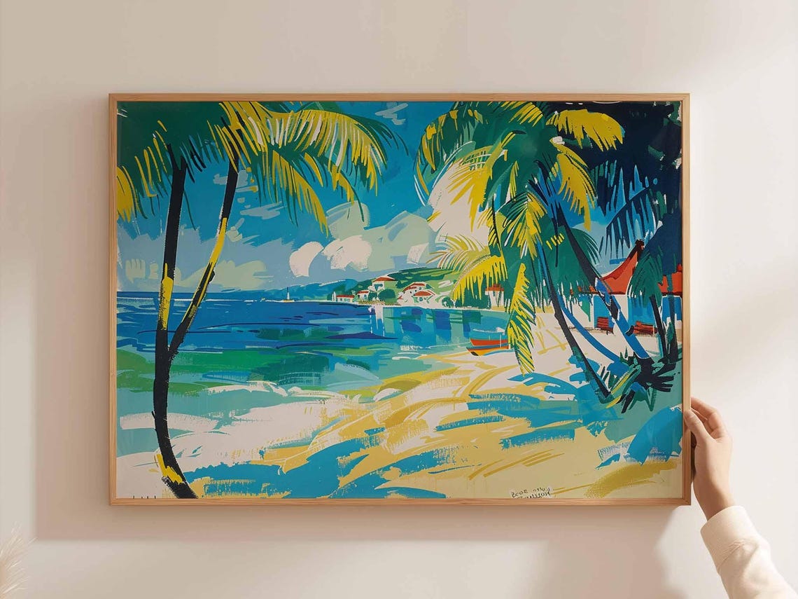 Bold Brushstroke Beach Scene Seen Through Swaying Palm Trees Poster
