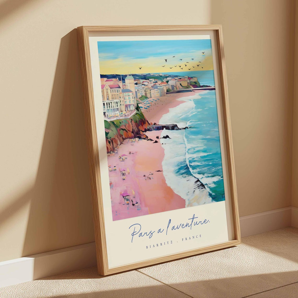Biarritz France Pink Sand Beach Aerial Cliffs Pastel Seascape Poster