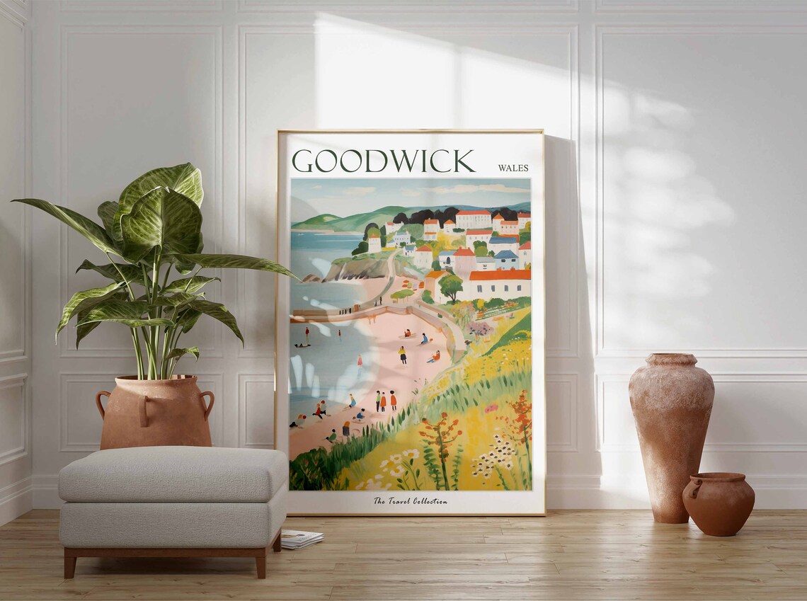 Goodwick Wales Pink Beach Cove Wildflower Meadow Cliff Town Poster - Image 3