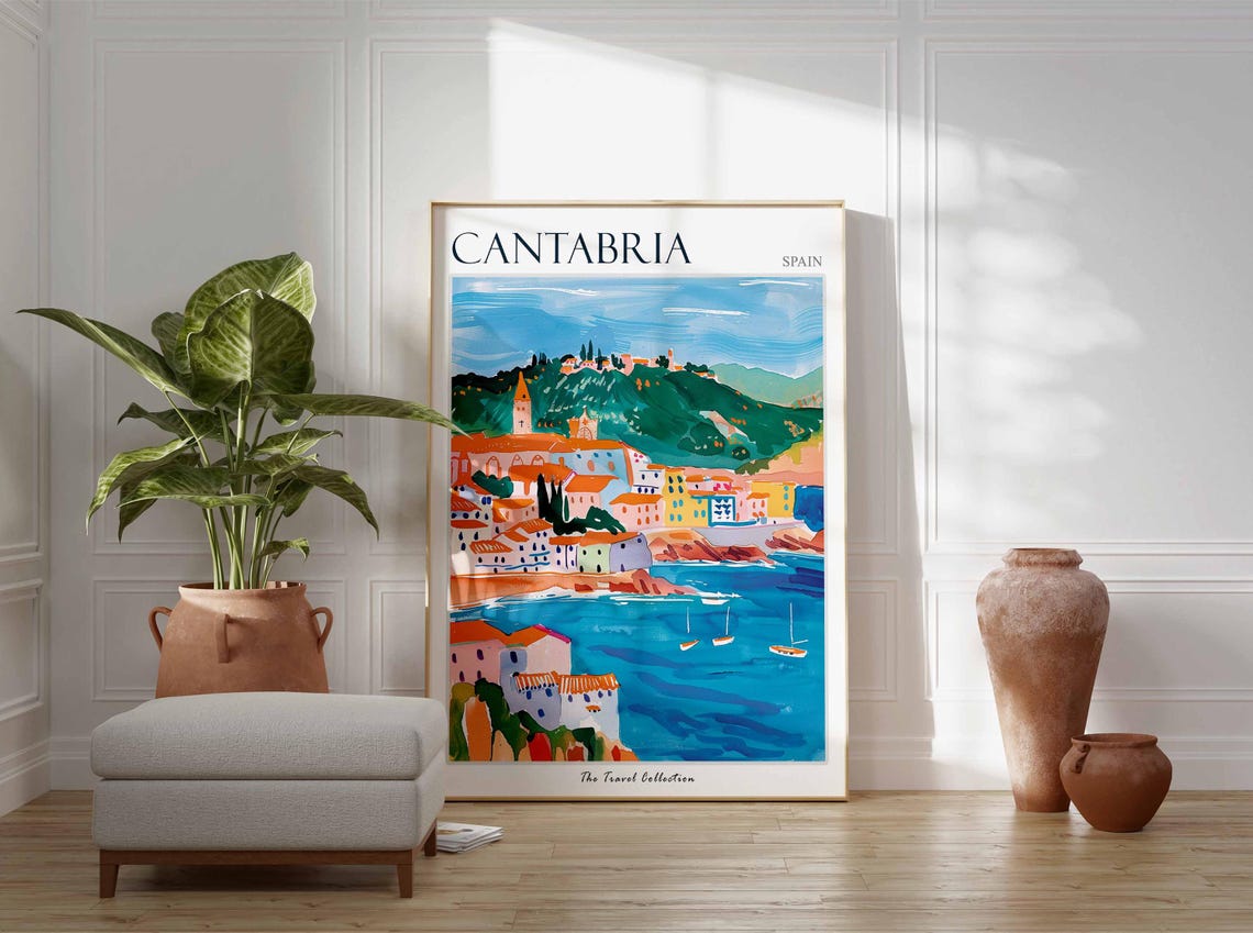 Cantabria Colorful Harbor Town Green Hillside Spain Travel Poster - Image 3