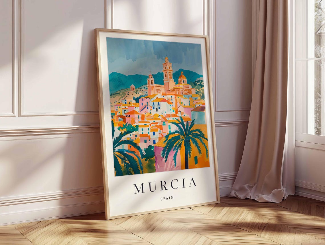 Murcia Spain Hillside Church Town Palms Scenic Travel Poster - Image 2