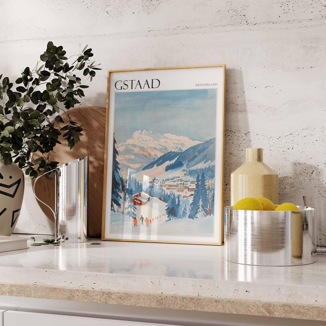 Gstaad Switzerland Skiers Pastel Alpine Village Travel Poster - Image 2