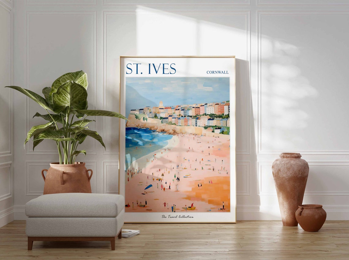 St. Ives Cornwall Wide Sandy Beach Cliffs Bathers Travel Poster - Image 3