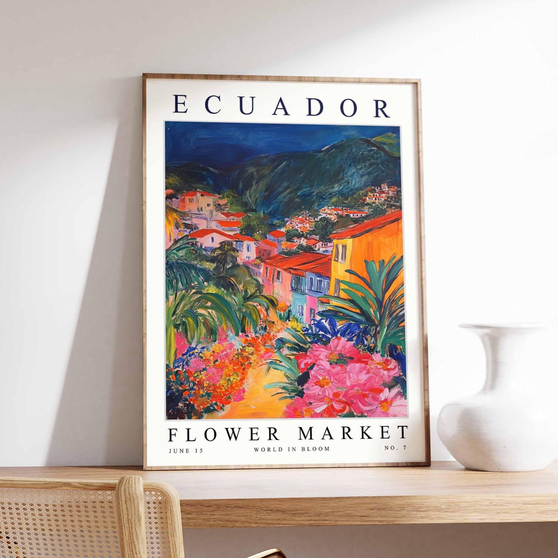Ecuador Flower Market Moonlit Hillside Village Night Bloom Poster