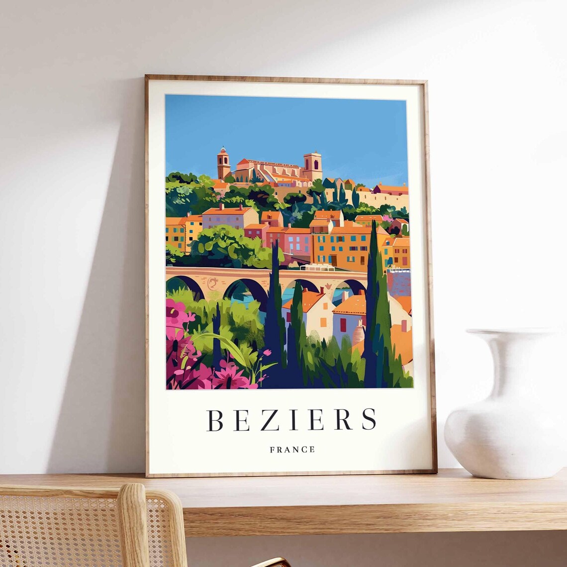 Beziers France Travel Art Hilltop Old Town Arched Bridge Print