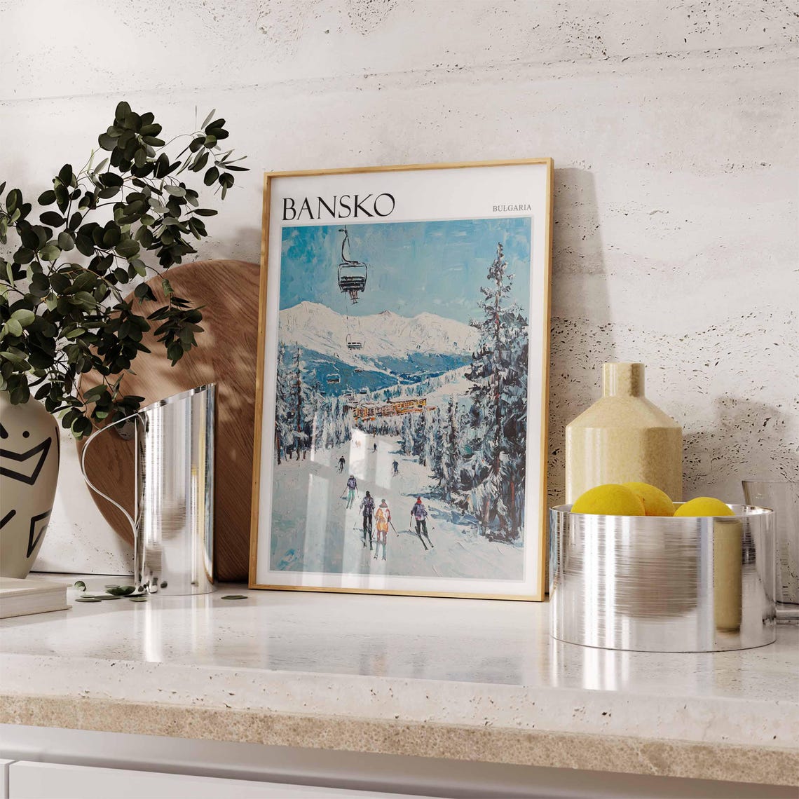 Bansko Bulgaria Chairlift Skiers Alpine Slopes Winter Art Poster - Image 2