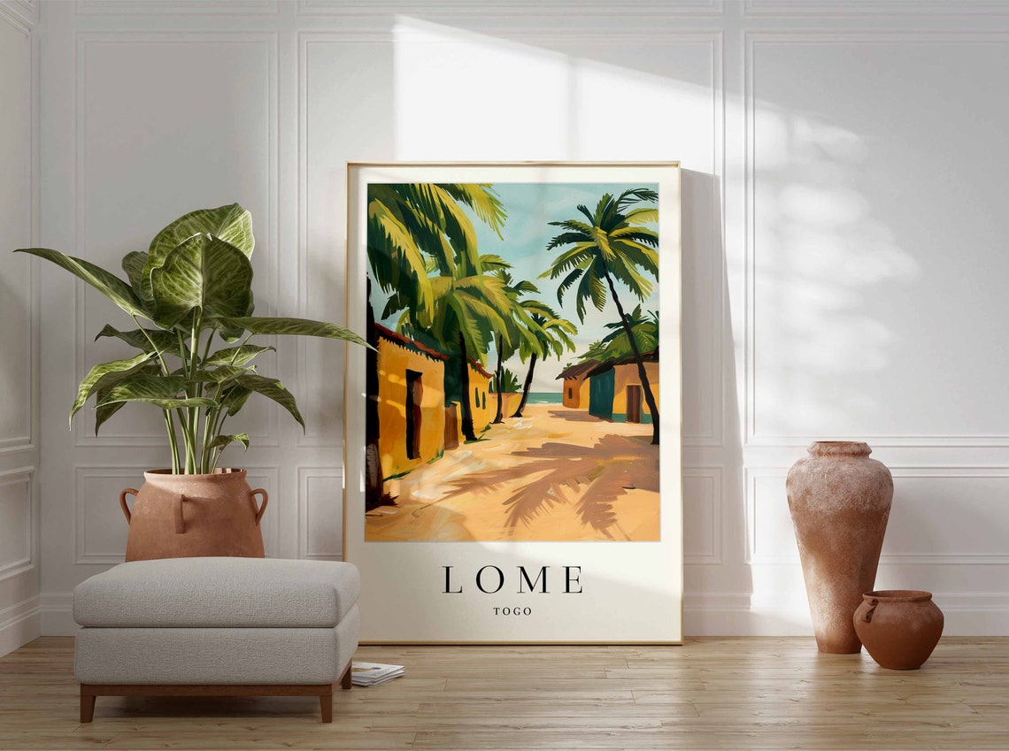 Lome Togo Palm Lined Sandy Path Village Huts Tropical Travel Poster - Image 3