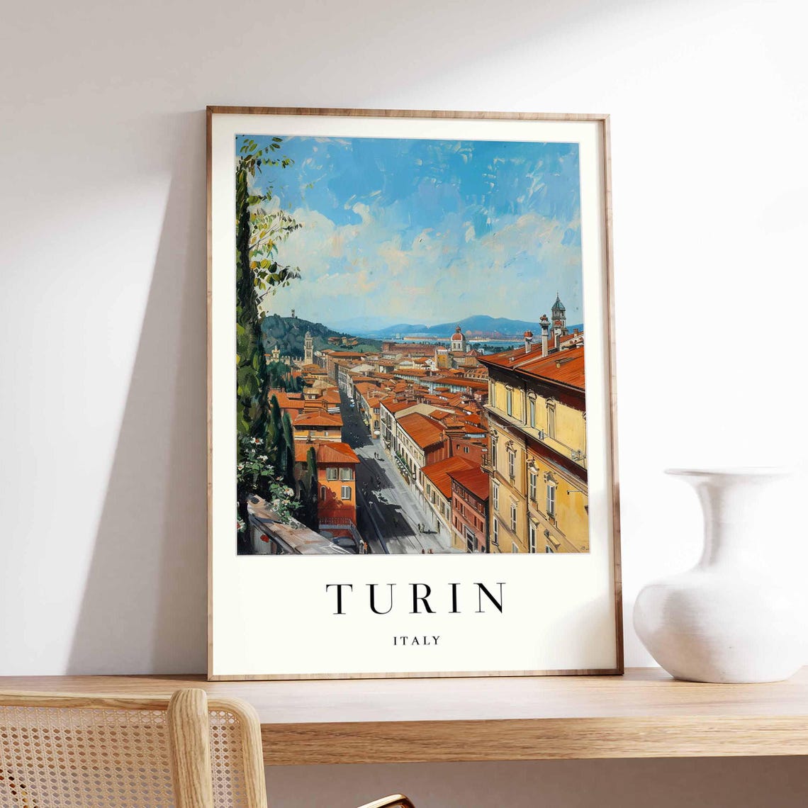 Turin Italy Hillside Street Poster with Red Roofs and Church Towers