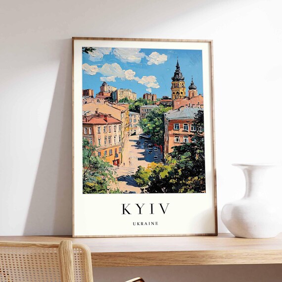 Kyiv Ukraine Historic Street With Church Towers Summer Travel Poster