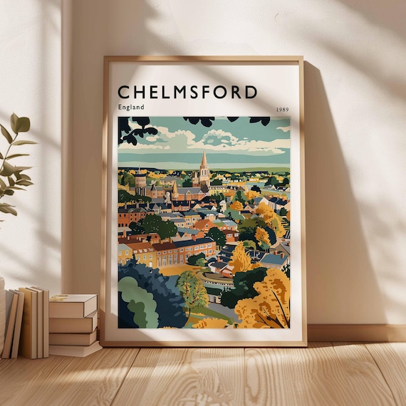 Chelmsford England 1989 Town Panorama Cathedral Spire Travel Poster