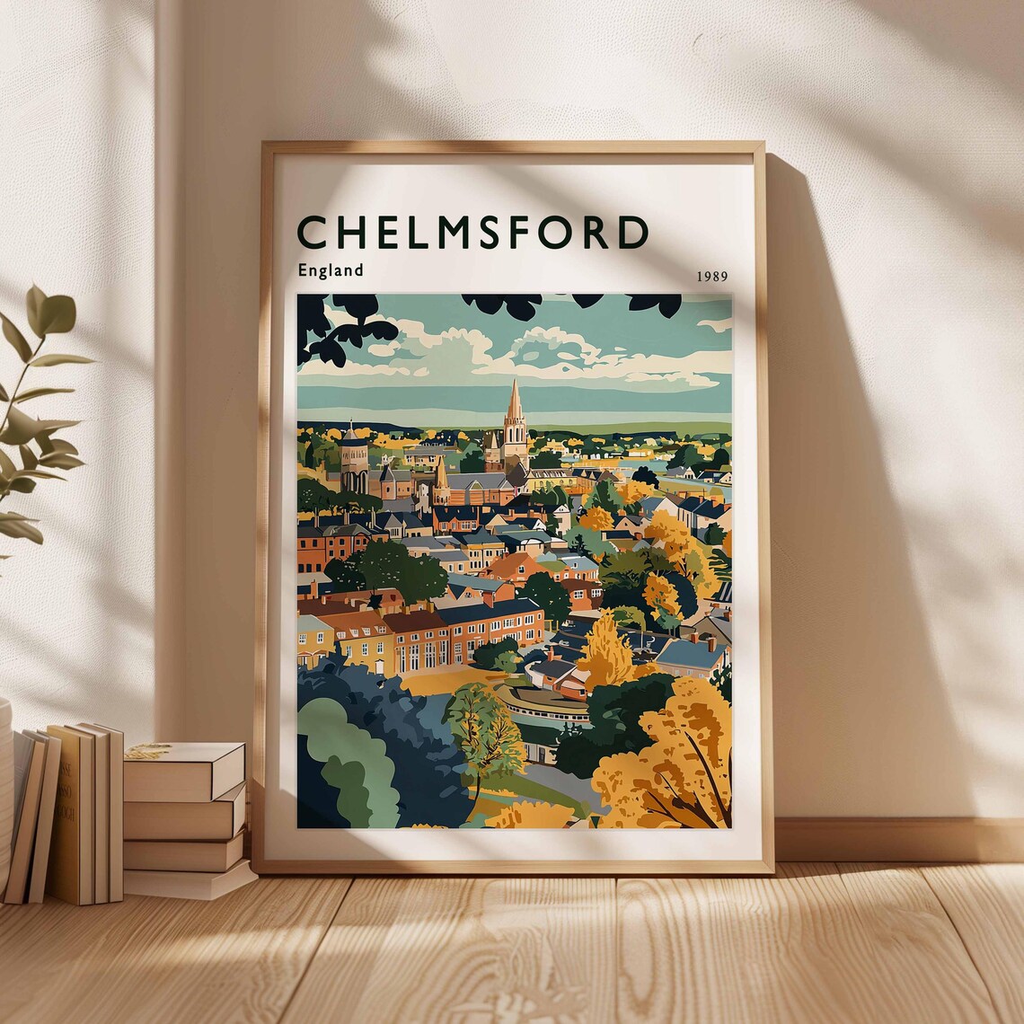 Chelmsford England 1989 Town Panorama Cathedral Spire Travel Poster