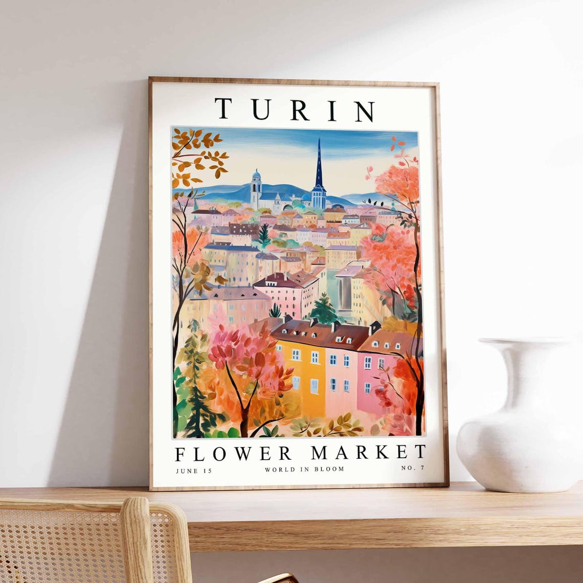 Turin Flower Market Autumn Pastel Cityscape Warm Floral View Poster