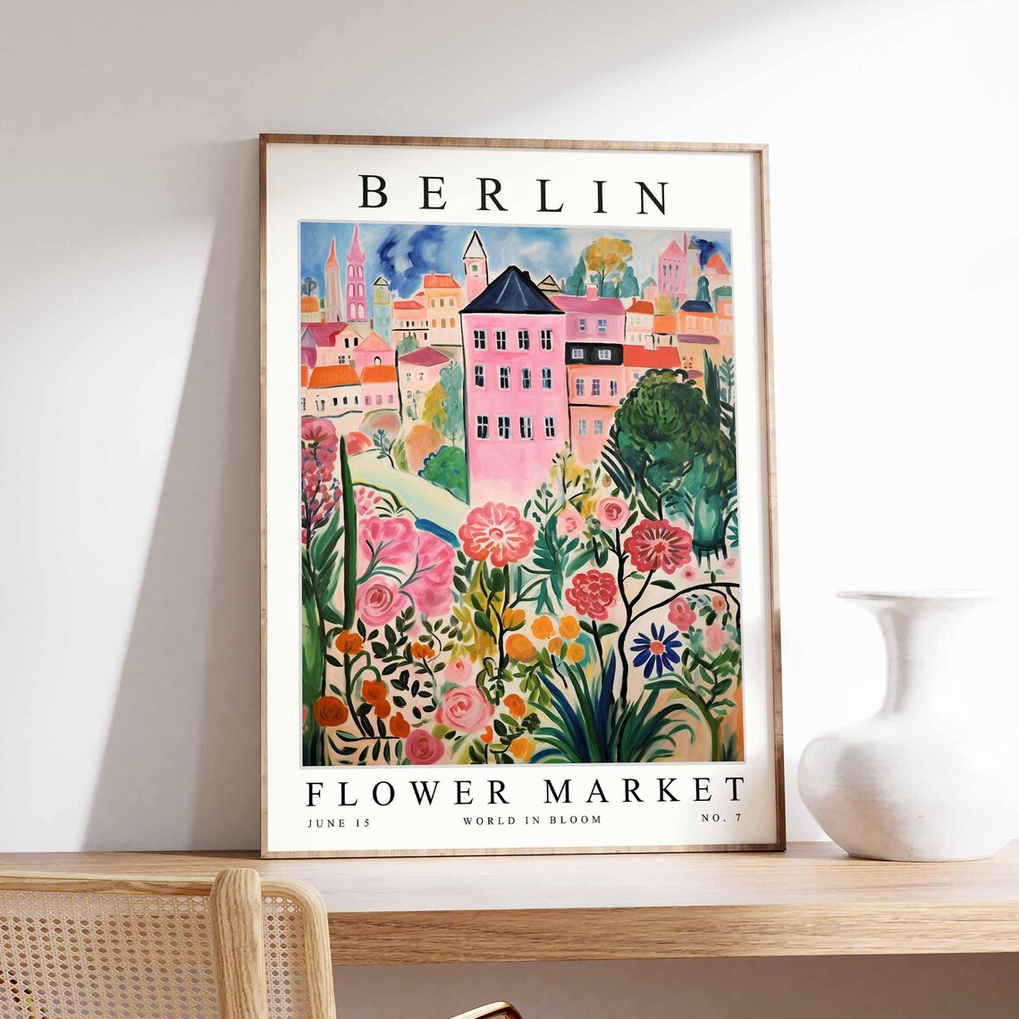 Berlin Flower Market Pink Old Town Spires Garden Blooms Travel Poster