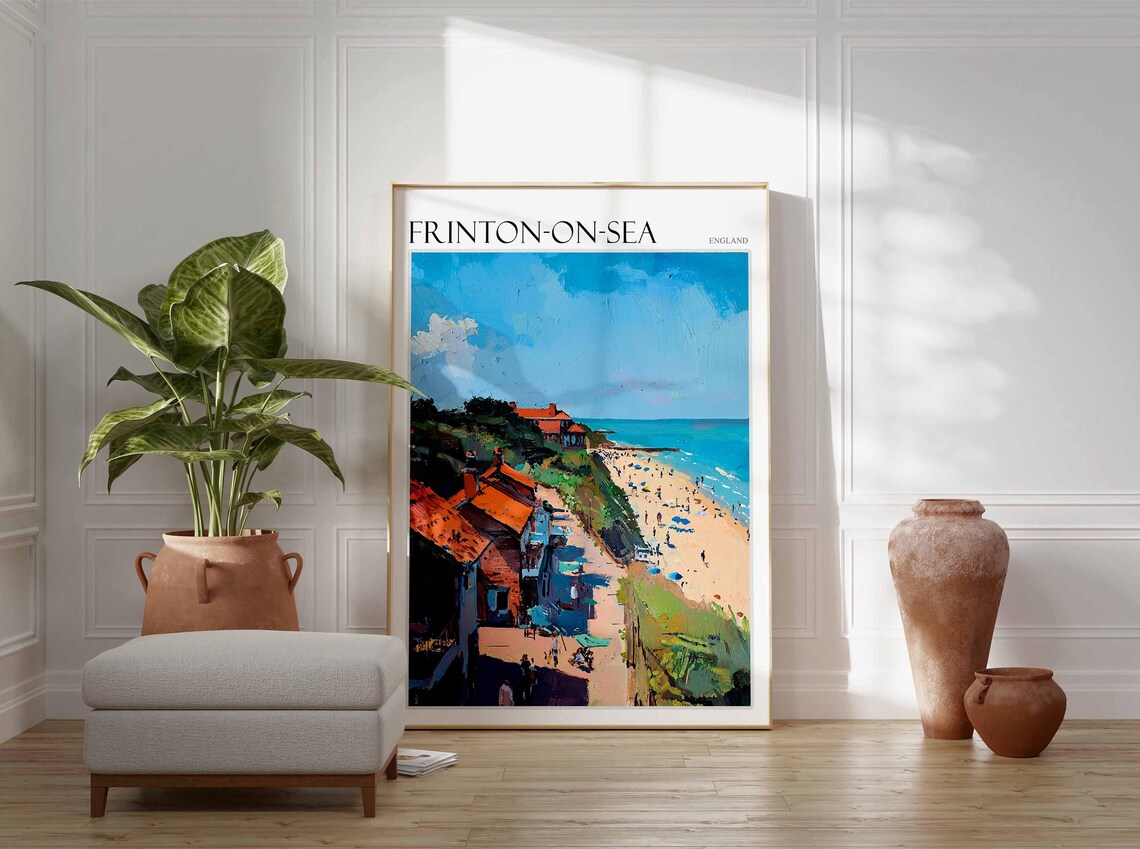 Frinton On Sea Red Roof Cottages Beach Umbrellas Impressionist Travel Poster - Image 3