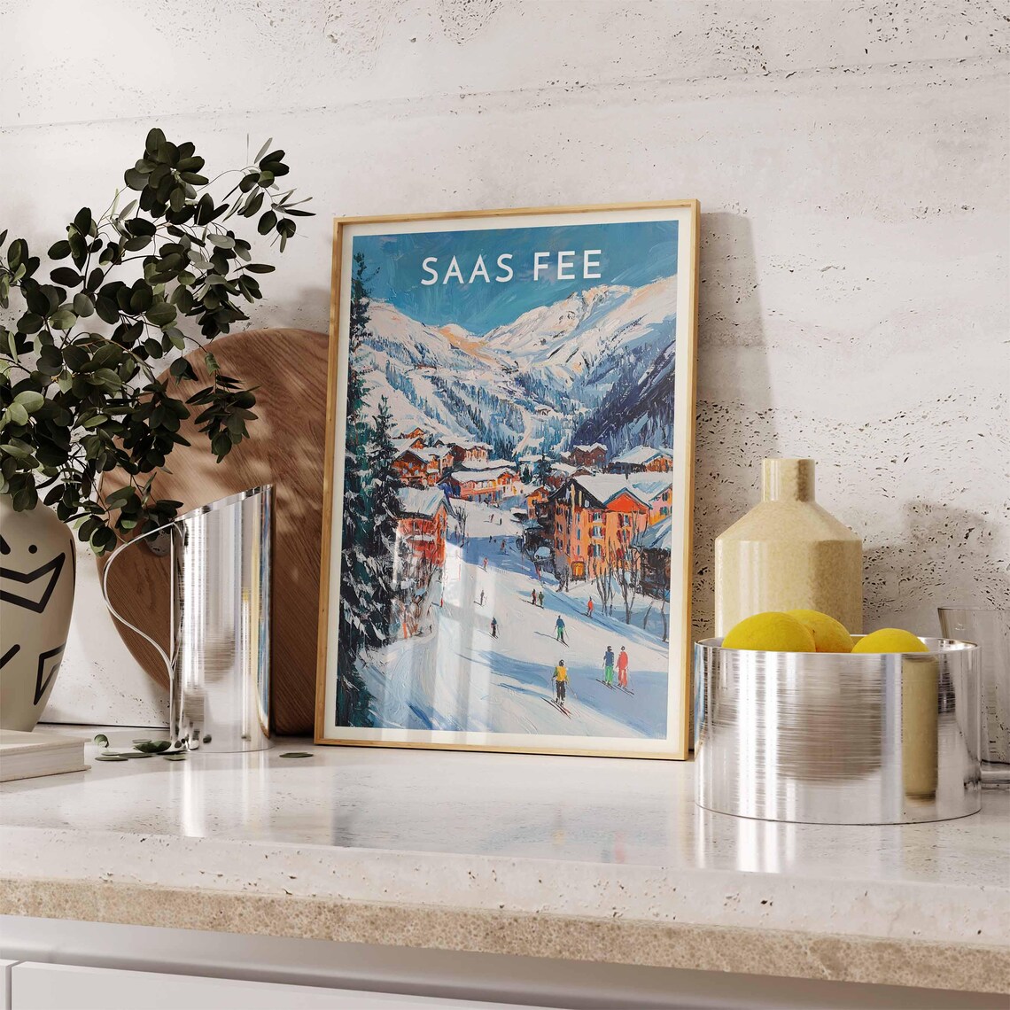 Saas Fee Switzerland Village Street Skiers Colorful Chalets Glacier Poster - Image 2