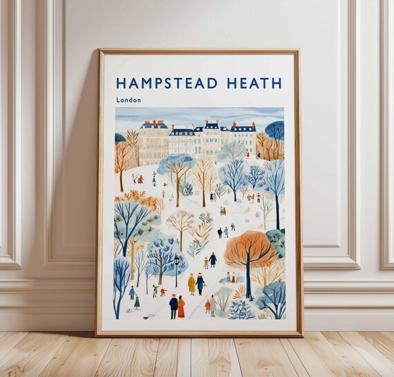 Hampstead Heath London Travel Poster Winter Trees Terrace Houses Artwork