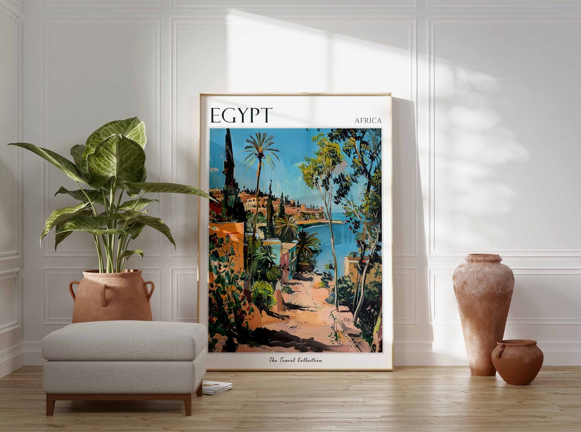 Egypt Africa Palm Lined Path to Sunlit Coastal Village Artwork Poster - Image 2