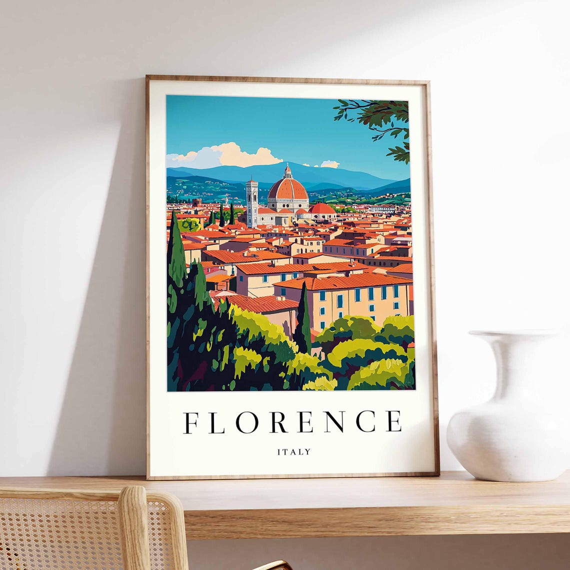 Florence Panoramic City View Duomo Cypress Trees Hills Travel Poster