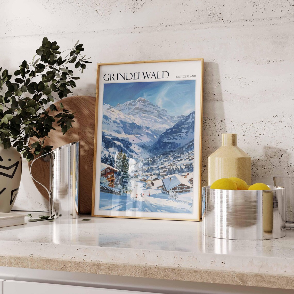 Grindelwald Switzerland Snowy Village Ski Watercolor Travel Poster - Image 3