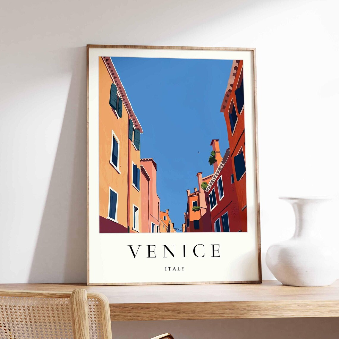 Venice Italy Narrow Street Looking Up at Buildings Travel Poster
