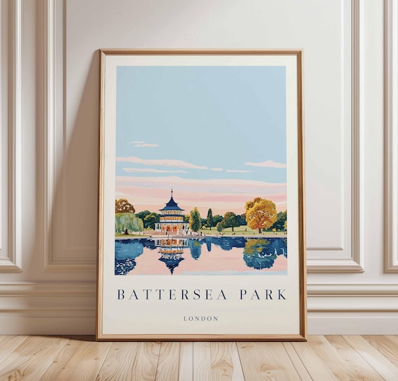 Battersea Park London Pagoda Sunset Lake Reflection Travel Poster
