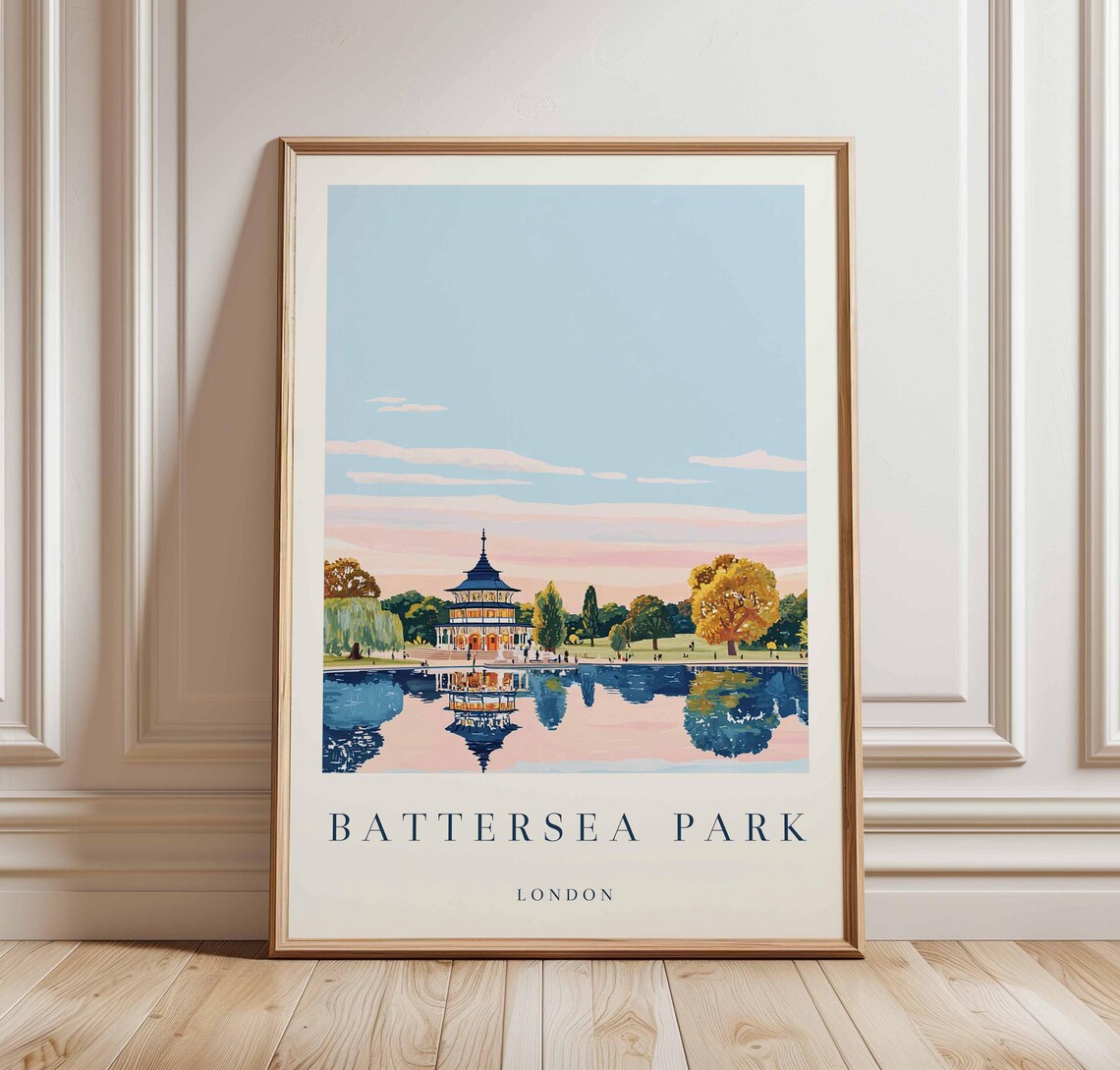 Battersea Park London Pagoda Sunset Lake Reflection Travel Poster