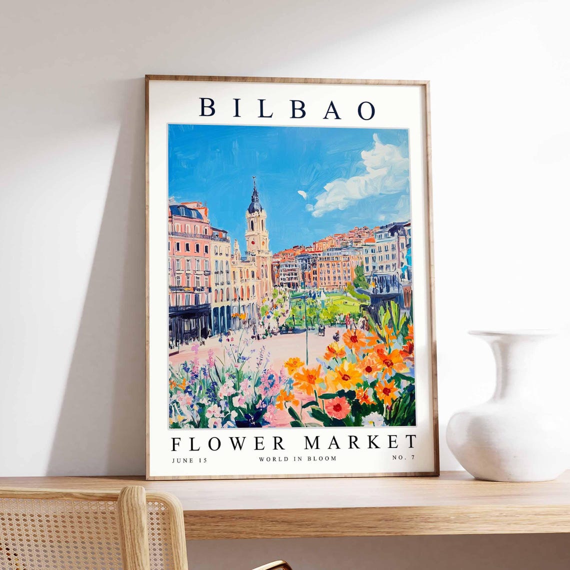 Bilbao Flower Market Sunny Plaza Clock Tower Cosmos Travel Print