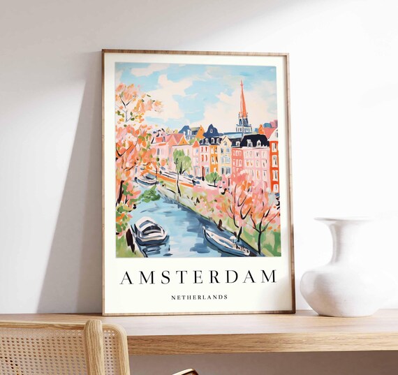 Amsterdam Netherlands Canal Boats Blossom Spring Painterly Poster