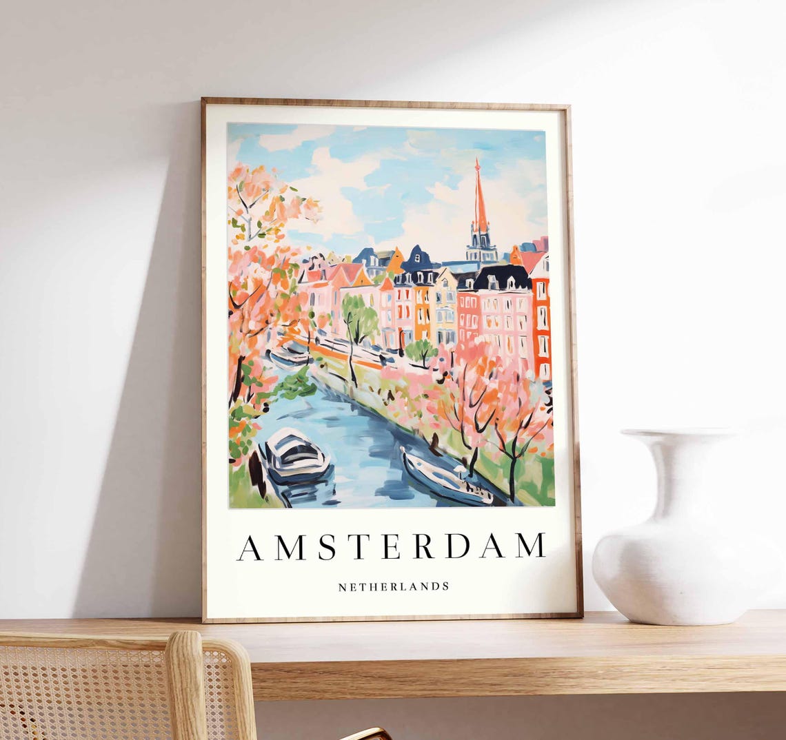 Amsterdam Netherlands Canal Boats Blossom Spring Painterly Poster