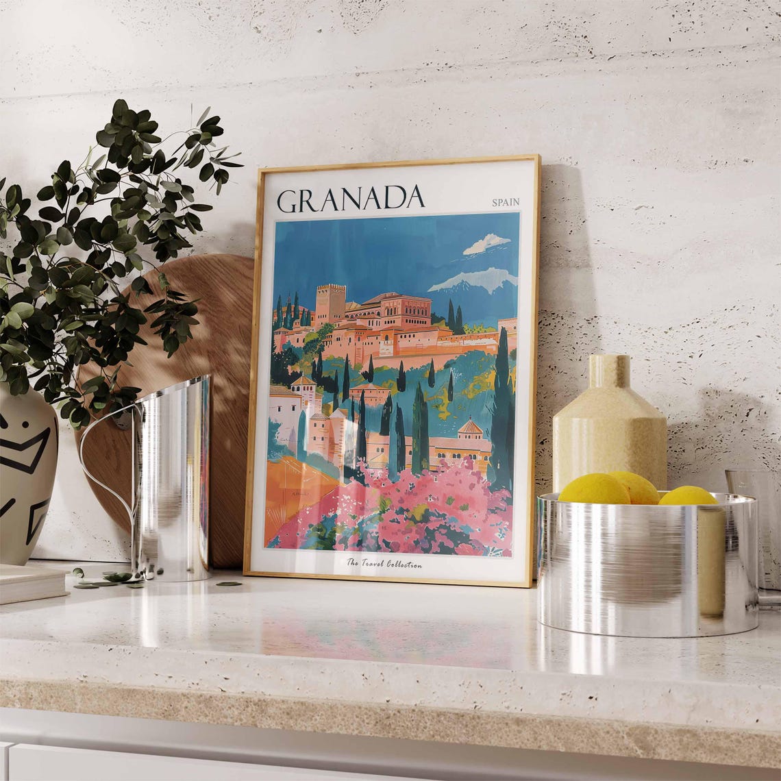 Granada Spain Alhambra Palace Pink Blossom Travel Art Poster - Image 3