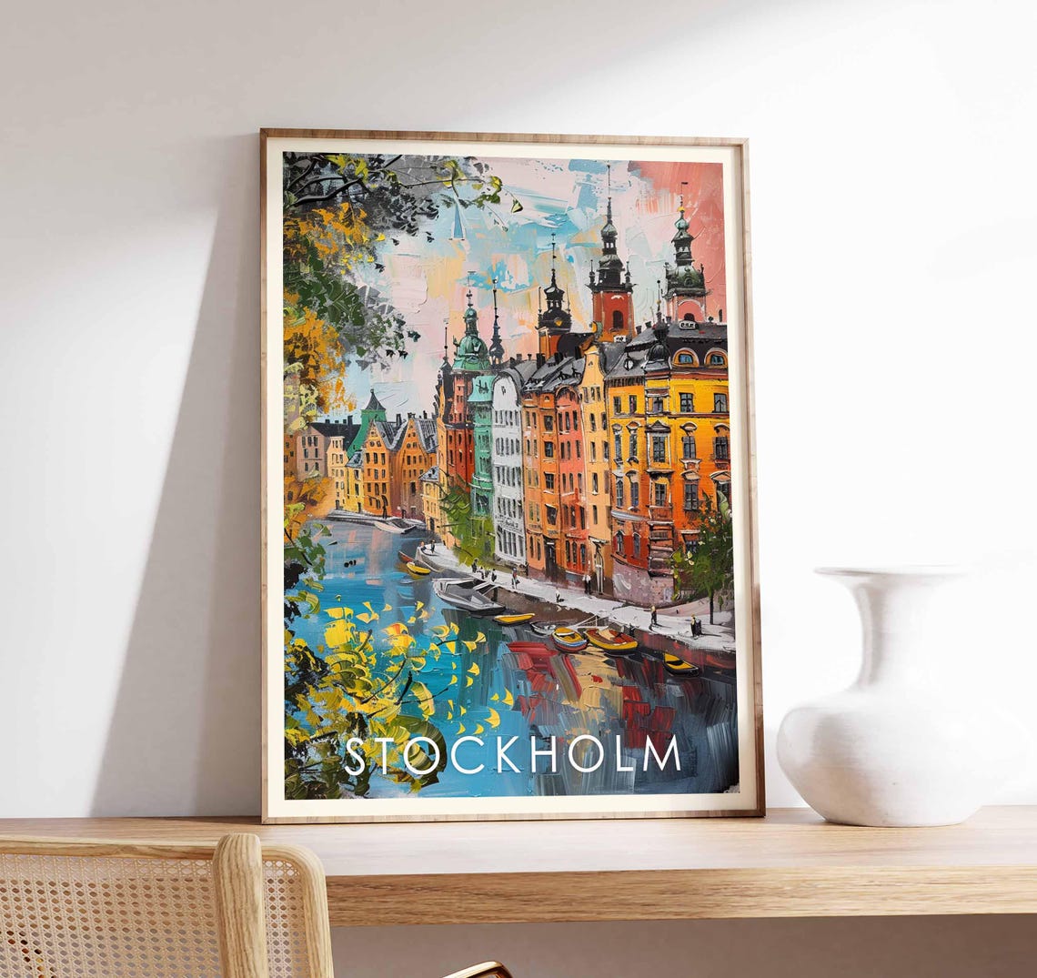 Stockholm Sweden Old Town Canal Colorful Painterly Cityscape Wall Art