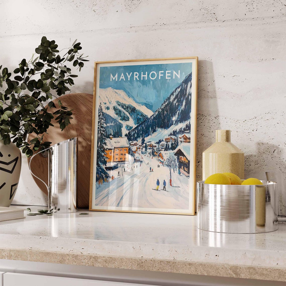 Mayrhofen Austria Alpine Valley Skiers Snow Peaks Resort Poster - Image 2