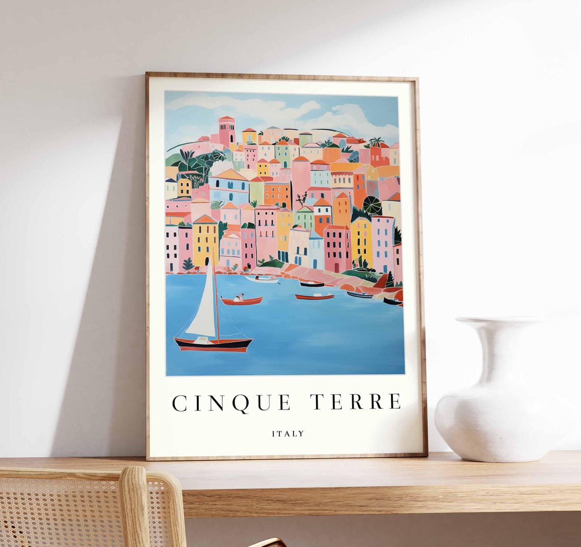 Cinque Terre Colorful Coastal Village Sailboats Italy Travel Poster
