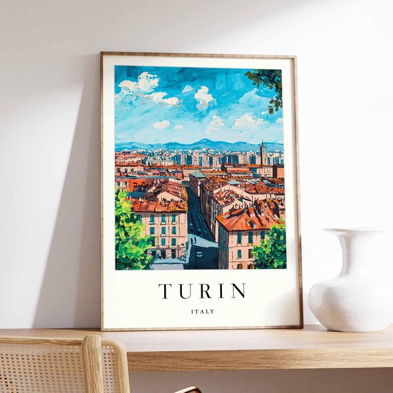 Turin Italy Painted Rooftops Cityscape Poster with Blue Sky Artwork