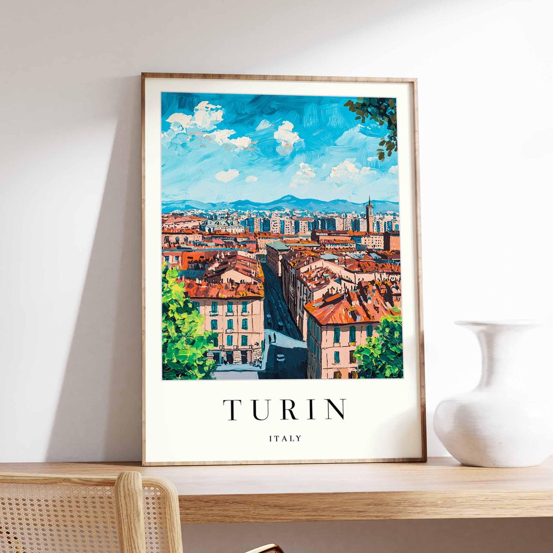 Turin Italy Painted Rooftops Cityscape Poster with Blue Sky Artwork