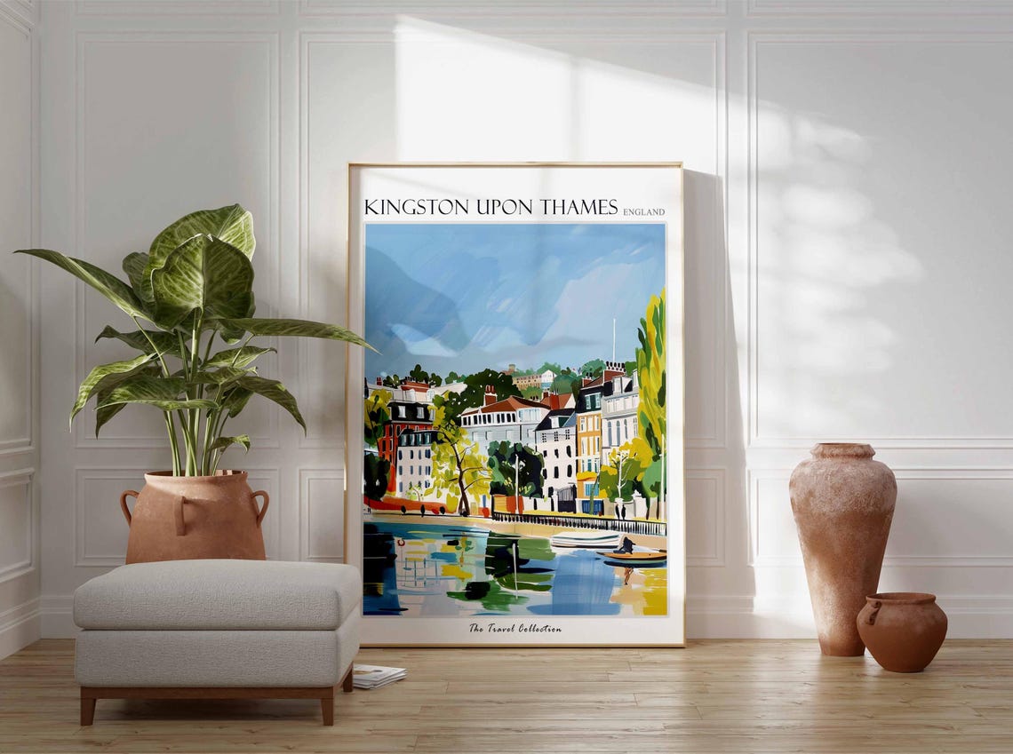 Kingston Upon Thames England Riverside Houses Colorful Art Poster - Image 2